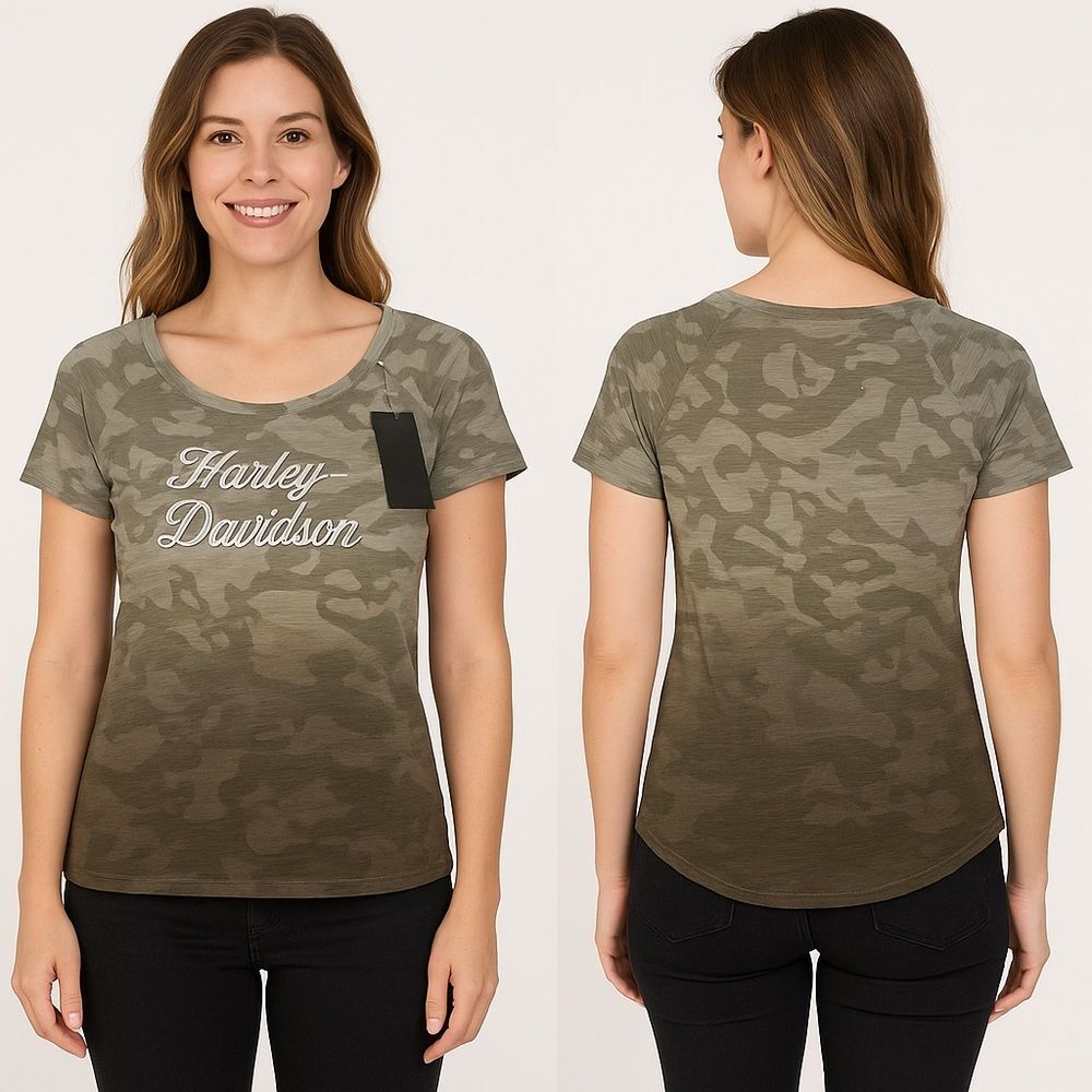 NWT Harley-Davidson Women’s Large Camo T-Shirt Green Gray Logo 100% Cotton